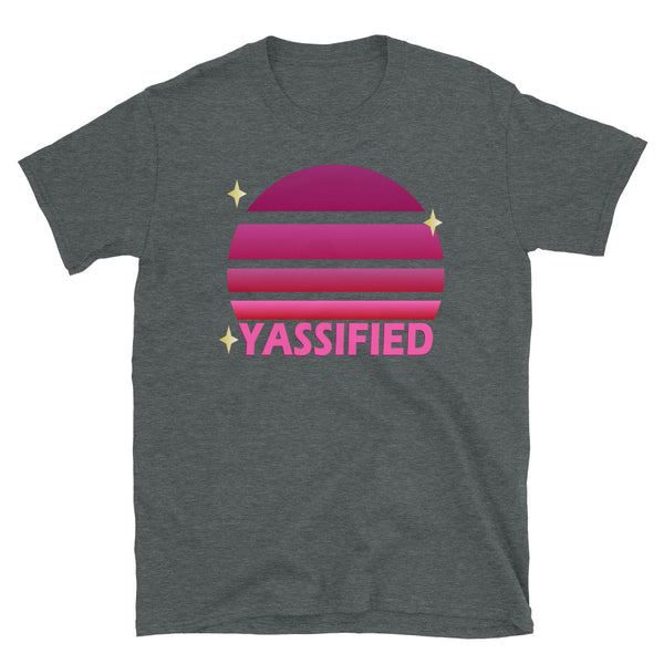 Pink vintage sunset with stars and the word Yassified on this dark heather cotton t-shirt by BillingtonPix