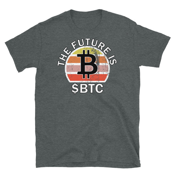 Crypto coin currency t-shirt with $BTC Bitcoin ticker symbol on this dark heather cotton shirt by BillingtonPix