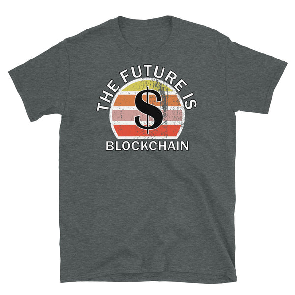 Cryptocurrency theme t-shirt with Blockchain and the USD ticker symbol on this dark heather cotton shirt by BillingtonPix