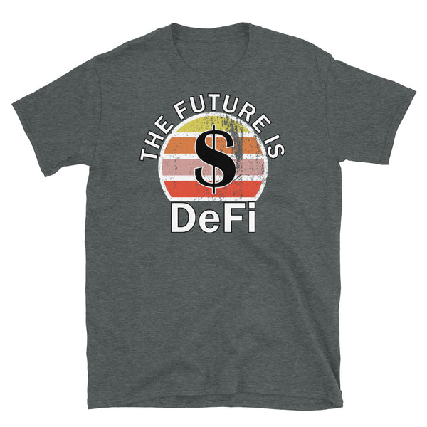 Cryptocurrency theme t-shirt with DeFi (Decentralised Finance) and the USD ticker symbol on this dark heather cotton shirt by BillingtonPix