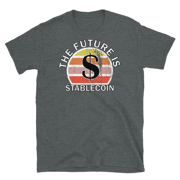 Cryptocurrency theme t-shirt with Stablecoin and the USD ticker symbol on this dark heather cotton shirt by BillingtonPix