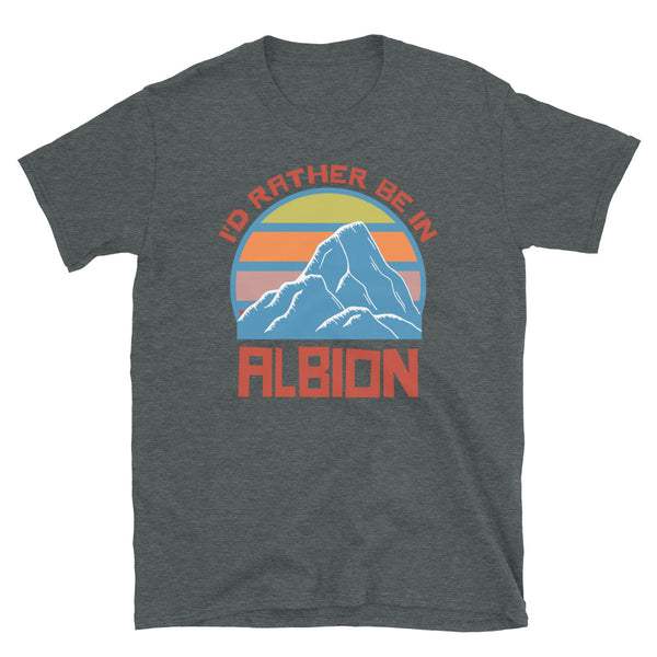 Albion Idaho vintage sunset mountain ski themed retro design t-shirt in orange, blue, yellow and pink on this dark heather tee by BillingtonPix