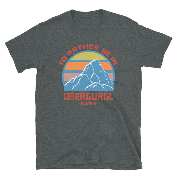 Obergurgl Austria vintage sunset mountain ski and snowboarding themed retro design t-shirt in orange, blue, yellow and pink on this dark heather tee by BillingtonPix