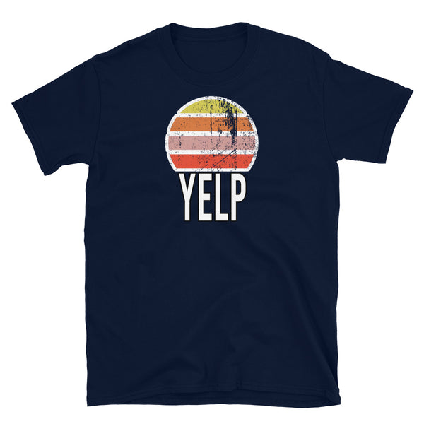 Retro vintage style sunset graphic in yellow, orange, pink and scarlet with the slogan word YELP in block caps below on this navy cotton t-shirt by BillingtonPix
