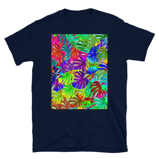 Rainbow colored pattern of circular overlays containing different tones of monstera leaves. Bright, bold and fun and teeming with 80s Memphis style influence. This t-shirt is perfect for the summer and for adding a splash of color to your day.