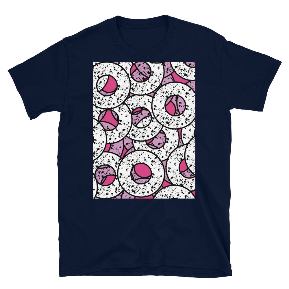 Rosa gemustertes Kurzarm-Unisex-T-Shirt | Splattered Donuts-Kollektion