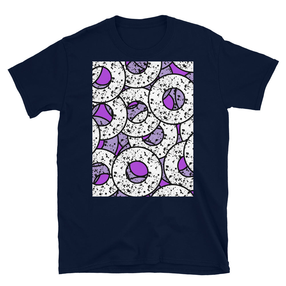 Camiseta unisex de manga corta con estampado morado | Colección Splattered Donuts