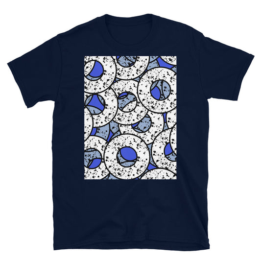 Blau gemustertes Kurzarm-Unisex-T-Shirt | Splattered Donuts-Kollektion