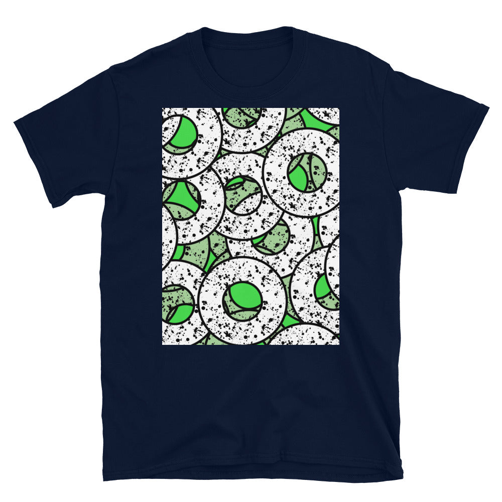 Grünes gemustertes Kurzarm-Unisex-T-Shirt | Splattered Donuts-Kollektion