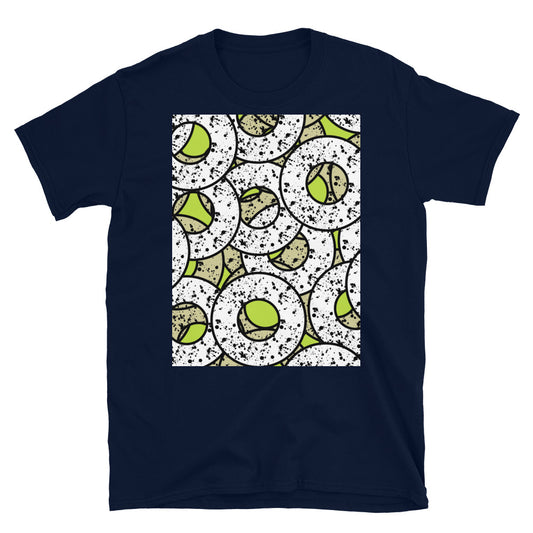 Gelbes gemustertes Kurzarm-Unisex-T-Shirt | Splattered Donuts-Kollektion