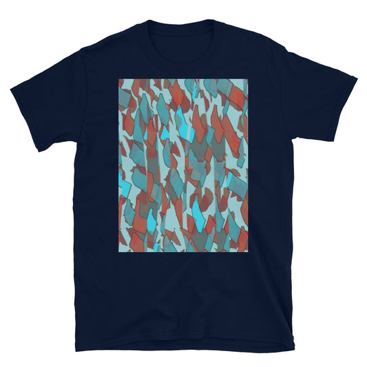 Turquoise and orange patterned abstract contemporary retro design checked t-shirt, entitled Turquoise Fragments, from our Sunset Glitter collection