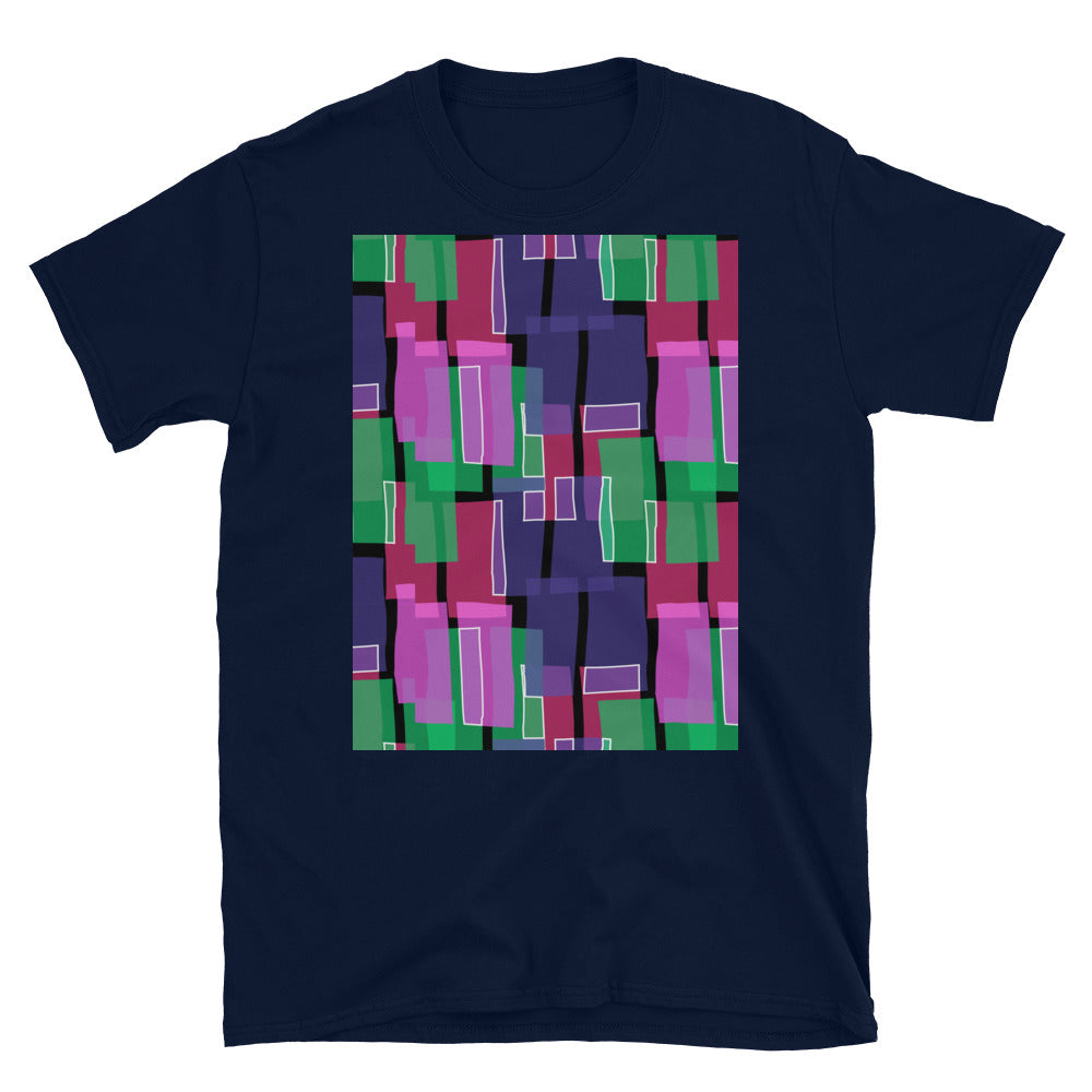 Gemustertes Kurzarm-Unisex-T-Shirt | Blauer 60er-Jahre-Stil | Mid Century Geometrisch