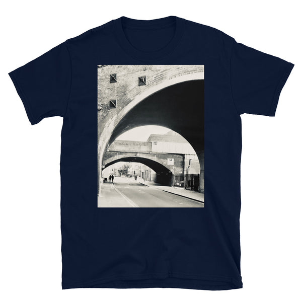 T-shirt with vintage sepia style photographic view of Southwark, London, with geometric curves of underside of Victorian railway bridges and a few ghostly figures in the distant vista.
