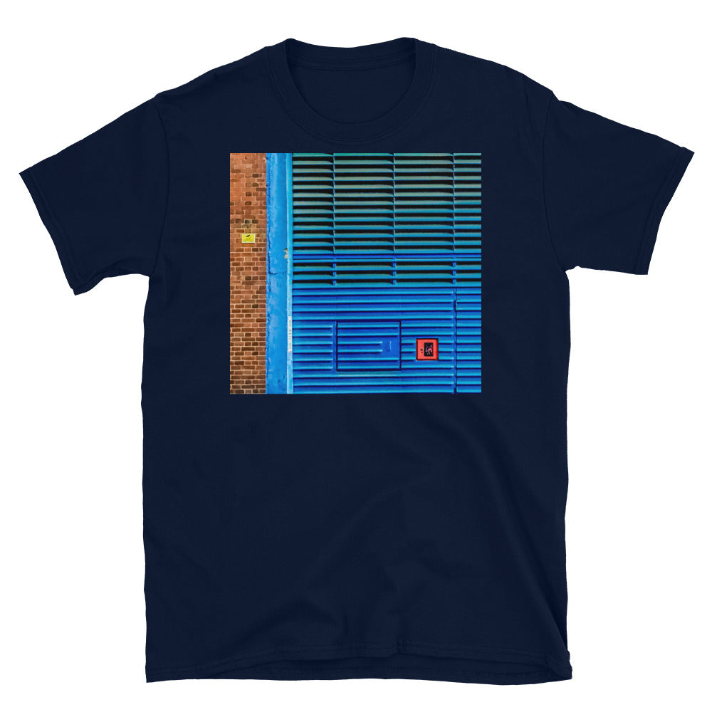 Retro aesthetic hints with this geometric colorful Piet Mondrian inspired photograph with geometric lines and squares from the back of an old telephone exchange in Southwark, London printed on this t-shirt