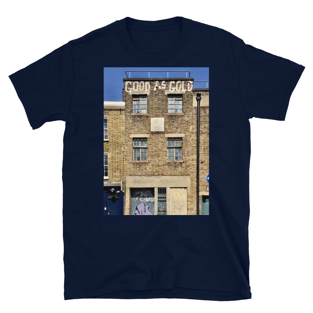 Good as Gold photographic t-shirt of a street view in Southwark in South London on this navy blue cotton t-shirt by BillingtonPix