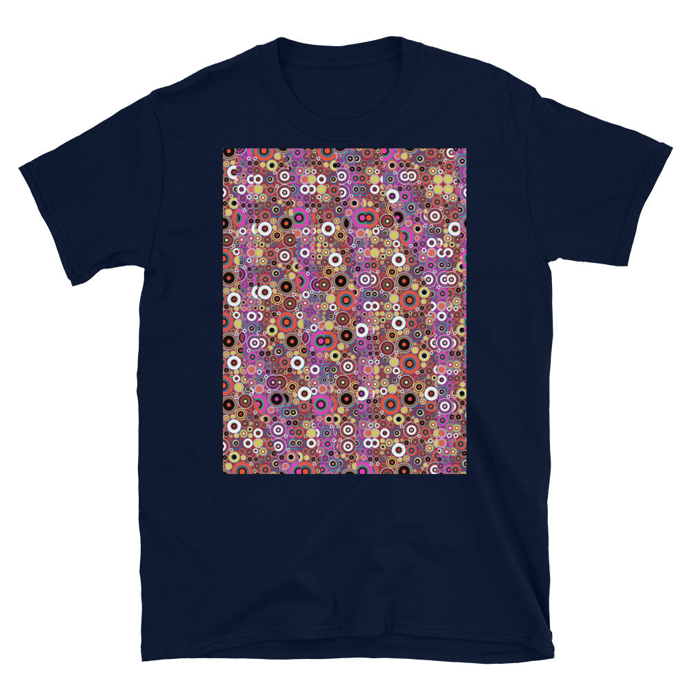 60s retro style aesthetic circular design of multiple different orange colored circles with almost psychedelic effect. Vertical pink filtered strips run across the front providing a contrasting palette with this t-shirt.