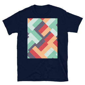 Diagonal shaped mid-century modern retro pattern in summertime tones such as eggplant, peach, scarlet, mint and teal navy t-shirt