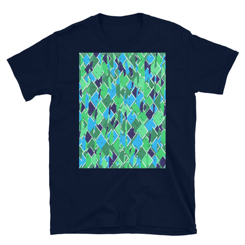 Abstract turquoise, green, sage and navy distorted diamond patterned t-shirt with an 80s Memphis style confetti pattern. Mixture of styles from 60s Mid-Century, 80s Postmodern and Contemporary retro abstract design.