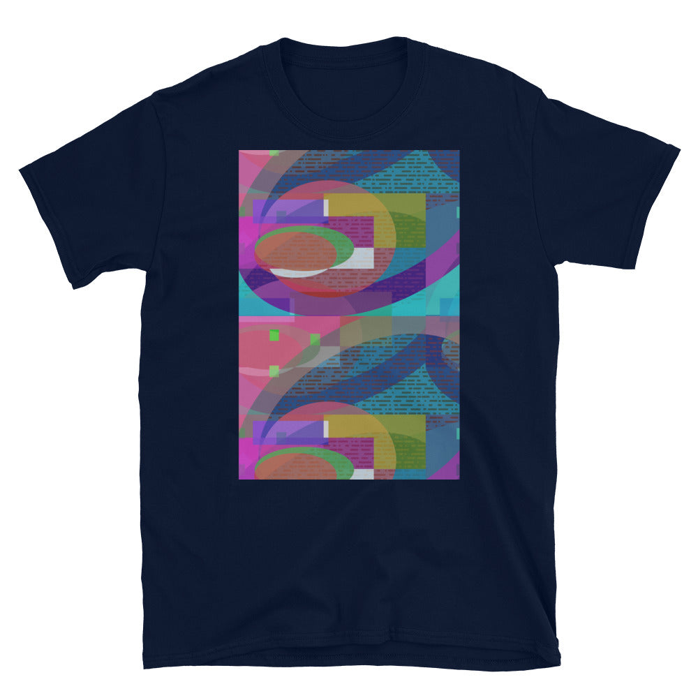 Colorful pink and turquoise abstract circular geometric patterned t-shirt with 60 Mid-Century Modern and 80s Memphis influences