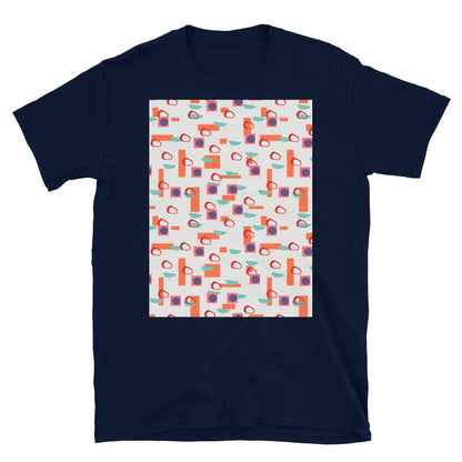 Colorful orange, turquoise, red and purple geometric abstract shapes on a cream background on this Alexander Girard inspired t-shirt