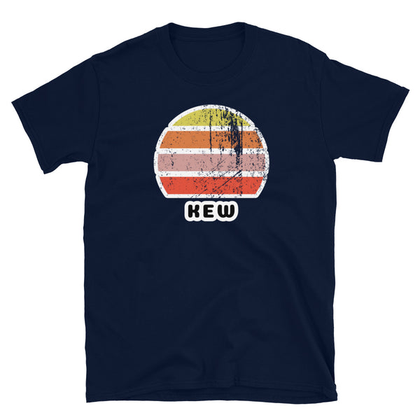 Vintage retro sunset in yellow, orange, pink and scarlet with the name Kew beneath on this navy t-shirt