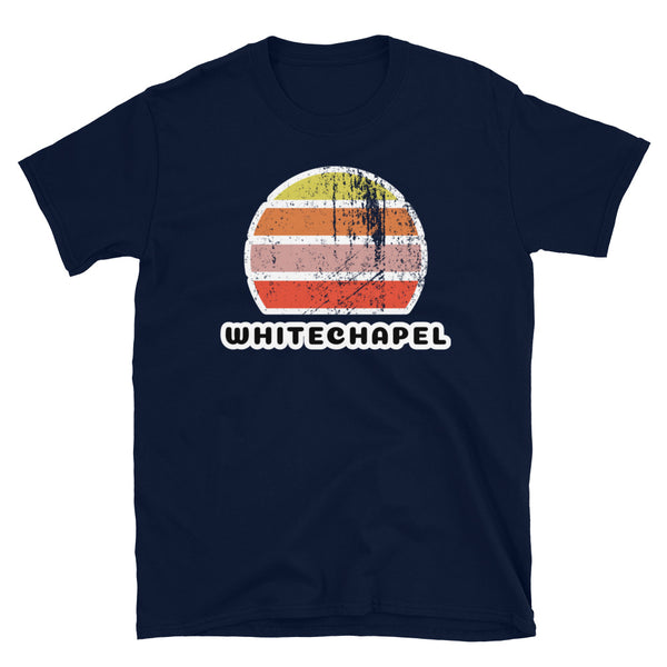 Vintage distressed style abstract retro sunset in yellow, orange, pink and scarlet with the London name Whitechapel beneath on this navy vintage sunset t-shirt