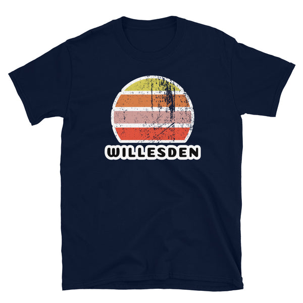 Vintage distressed style abstract retro sunset in yellow, orange, pink and scarlet with the London name Willesden beneath on this navy vintage sunset t-shirt