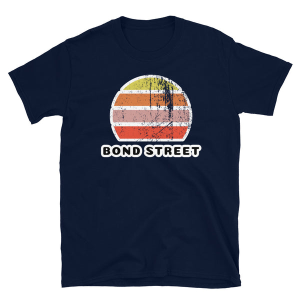 Vintage distressed style abstract retro sunset in yellow, orange, pink and scarlet with the London name Bond Street beneath on this navy vintage sunset t-shirt