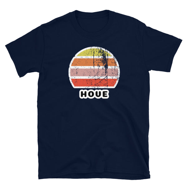 Features a distressed abstract retro sunset graphic in yellow, orange, pink and scarlet stripes rising up from the famous Hove place name on this navy t-shirt