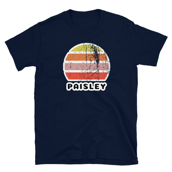 Distressed style abstract retro sunset graphic in yellow, orange, pink and scarlet stripes above the famous Scottish place name of Paisley on this navy cotton t-shirt