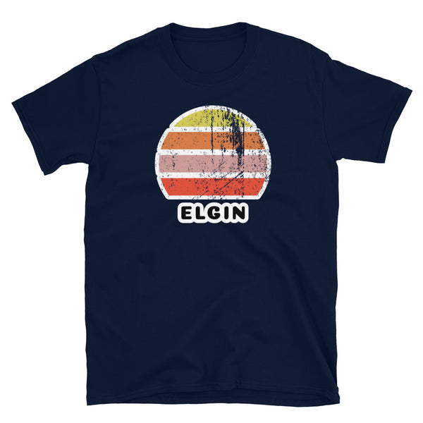 Distressed style abstract retro sunset graphic in yellow, orange, pink and scarlet stripes above the famous Scottish place name of Elgin on this navy cotton t-shirt