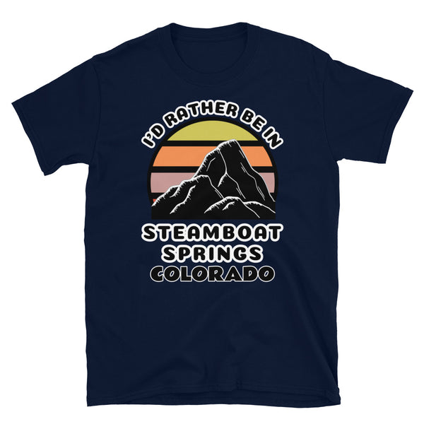 Steamboat Springs Colorado vintage sunset mountain scene in silhouette, surrounded by the words I'd Rather Be on top and Steamboat Springs Colorado below on this navy cotton t-shirt