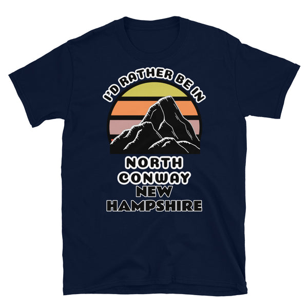 North Conway New Hampshire vintage sunset mountain scene in silhouette, surrounded by the words I'd Rather Be In on top and North Conway New Hampshire below on this navy cotton t-shirt