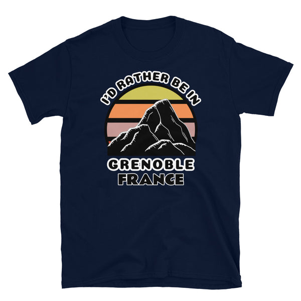 Grenoble France vintage sunset mountain scene in silhouette, surrounded by the words I'd Rather Be In on top and Grenoble, France below on this navy cotton ski and mountain themed t-shirt