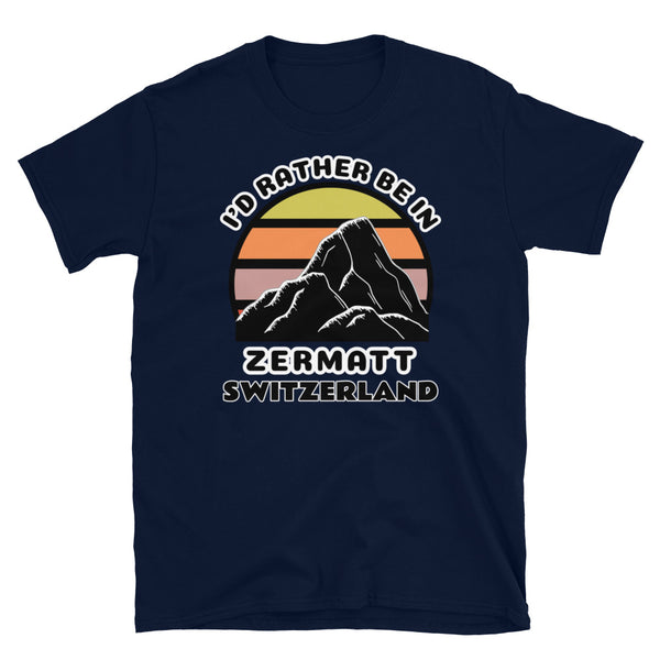 Zermatt Switzerland vintage sunset mountain scene in silhouette, surrounded by the words I'd Rather Be In on top and Zermatt, Switzerland below on this navy cotton ski and mountain themed t-shirt