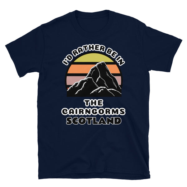 The Cairngorms Scotland vintage sunset mountain scene in silhouette, surrounded by the words I'd Rather Be In on top and The Cairngorms, Scotland below on this navy cotton ski and mountain themed t-shirt