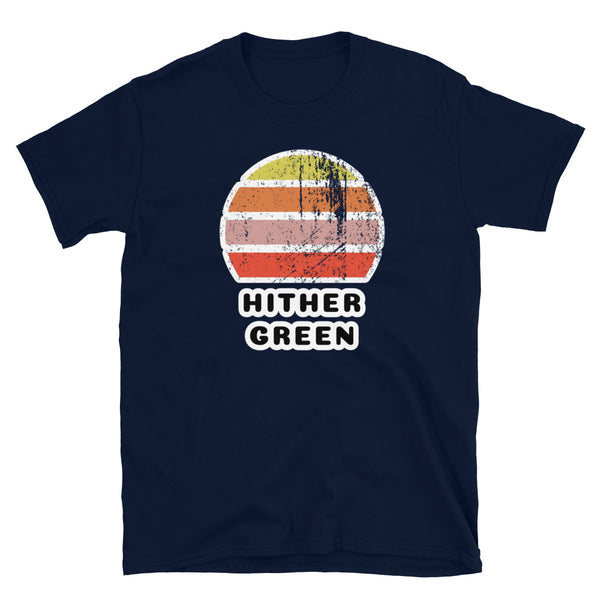 Vintage distressed style retro sunset in yellow, orange, pink and scarlet with the London neighbourhood of Hither Green beneath on this navy cotton t-shirt