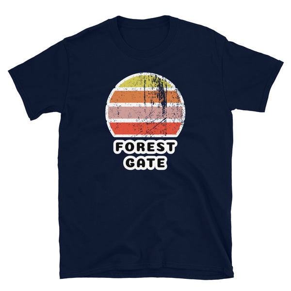Vintage distressed style retro sunset in yellow, orange, pink and scarlet with the London neighbourhood of Forest Gate beneath on this navy cotton t-shirt