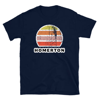 Vintage distressed style retro sunset in yellow, orange, pink and scarlet with the London neighbourhood of Homerton beneath on this navy cotton t-shirt