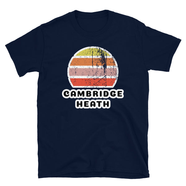Vintage distressed style retro sunset in yellow, orange, pink and scarlet with the London neighbourhood of Cambridge Heath beneath on this navy cotton t-shirt