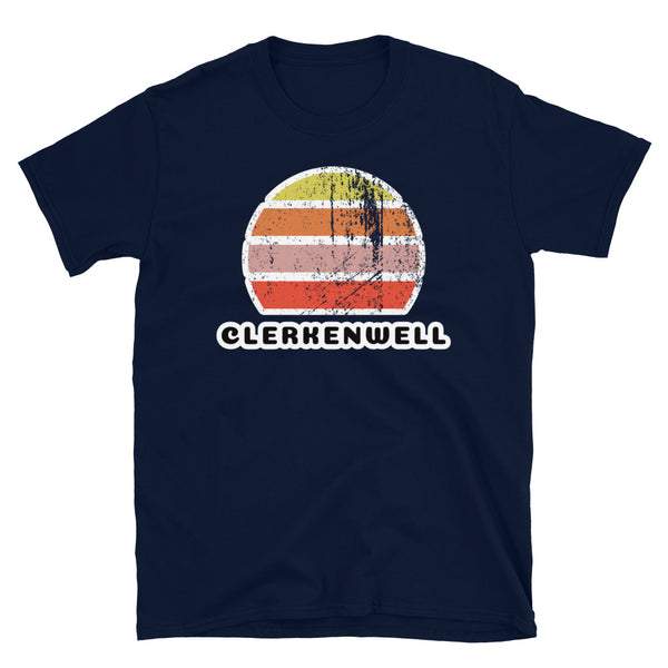 Vintage distressed style retro sunset in yellow, orange, pink and scarlet with the London neighbourhood of Clerkenwell beneath on this navy cotton t-shirt