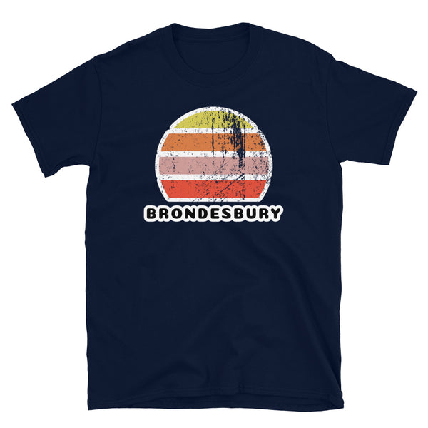 Vintage distressed style retro sunset in yellow, orange, pink and scarlet with the London neighbourhood of Brondesbury beneath on this navy cotton t-shirt
