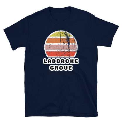 Vintage distressed style retro sunset in yellow, orange, pink and scarlet with the London neighbourhood of Ladbroke Grove beneath on this navy cotton t-shirt