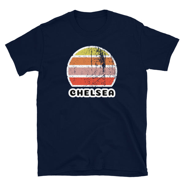 Vintage distressed style retro sunset in yellow, orange, pink and scarlet with the London neighbourhood of Chelsea outlined beneath on this navy cotton t-shirt