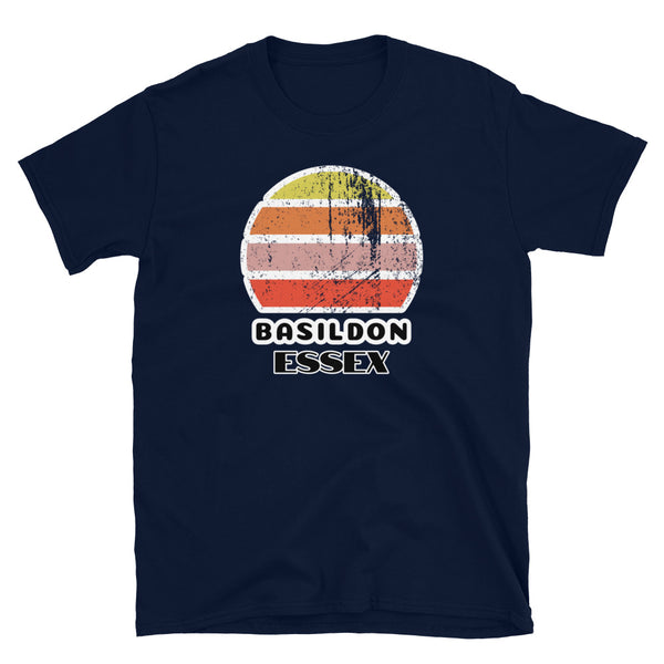 Vintage distressed style retro sunset in yellow, orange, pink and scarlet with the Essex neighbourhood of Basildon outlined beneath on this navy cotton t-shirt