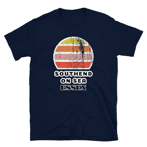 Vintage distressed style retro sunset in yellow, orange, pink and scarlet with the Essex neighbourhood of Southend-on-Sea outlined beneath on this navy cotton t-shirt