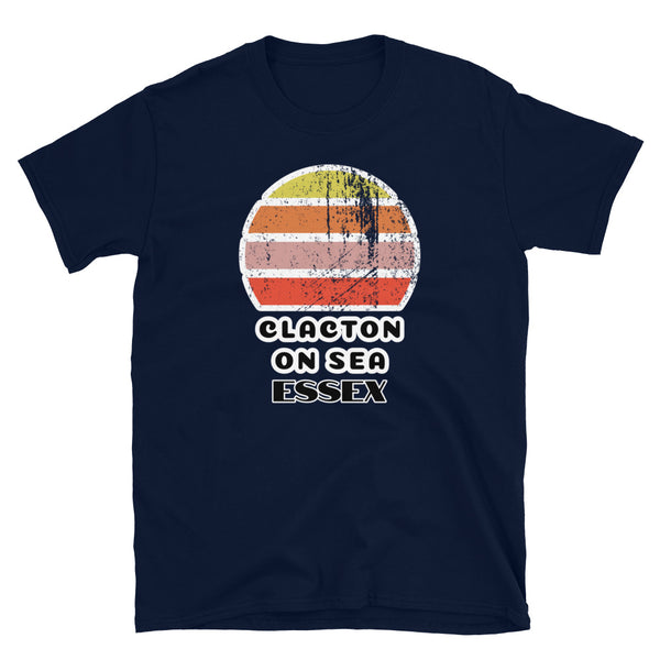Vintage distressed style retro sunset in yellow, orange, pink and scarlet with the Essex seaside town of Clacton-on-Sea outlined beneath on this navy cotton t-shirt
