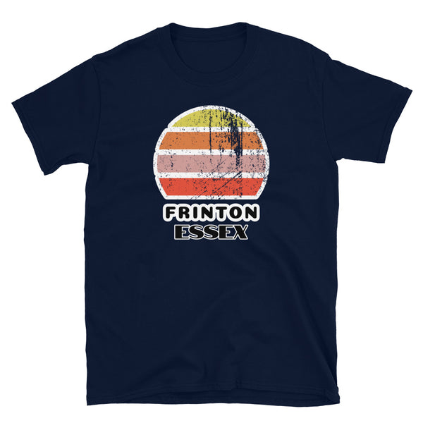 Vintage distressed style retro sunset in yellow, orange, pink and scarlet with the Essex town of Frinton outlined beneath on this navy cotton t-shirt