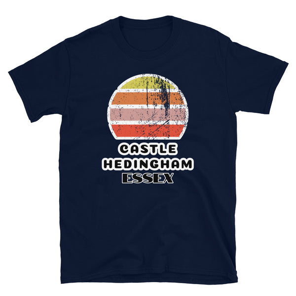 Vintage distressed style retro sunset in yellow, orange, pink and scarlet with the Essex village of Castle Hedingham outlined beneath on this navy cotton t-shirt