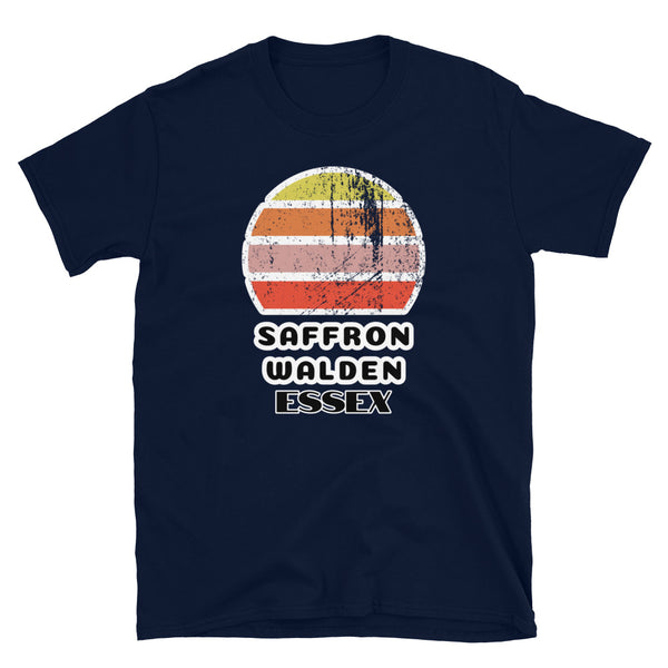 Vintage distressed style retro sunset in yellow, orange, pink and scarlet with the Essex town of Saffron Walden outlined beneath on this navy cotton t-shirt